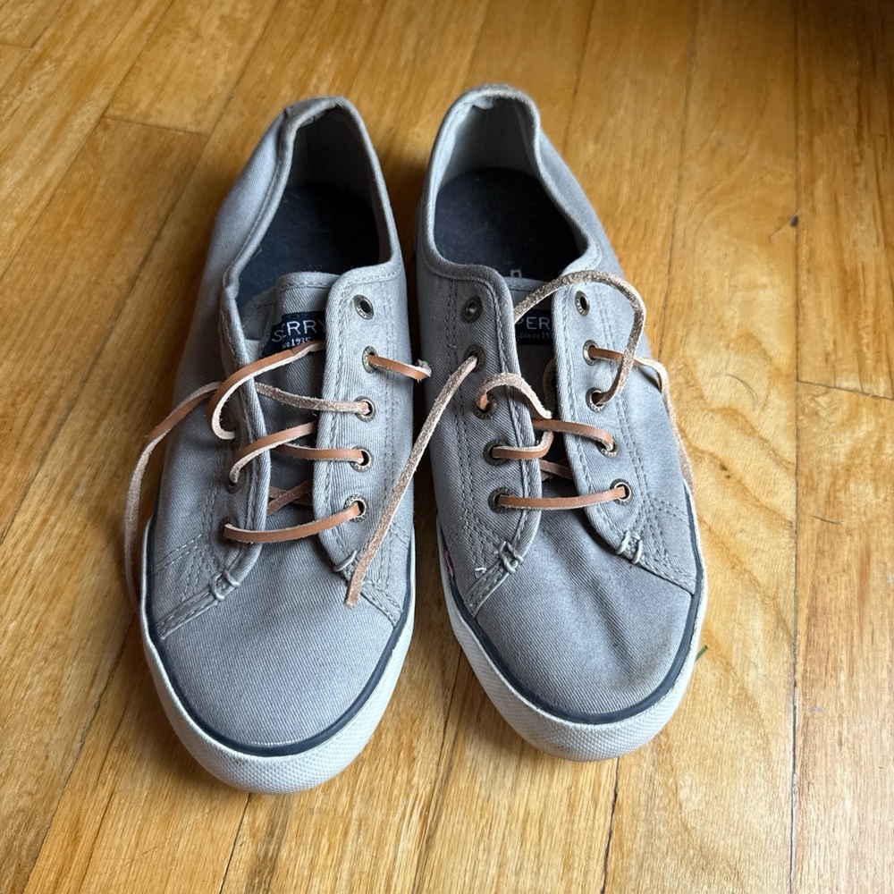 Sperry Gray Canvas Sneakers with Tan Laces